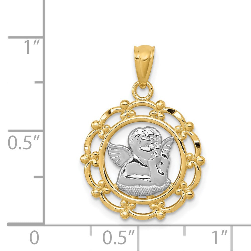 14k and White Rhodium Scalloped Frame Cherub Round Pendant