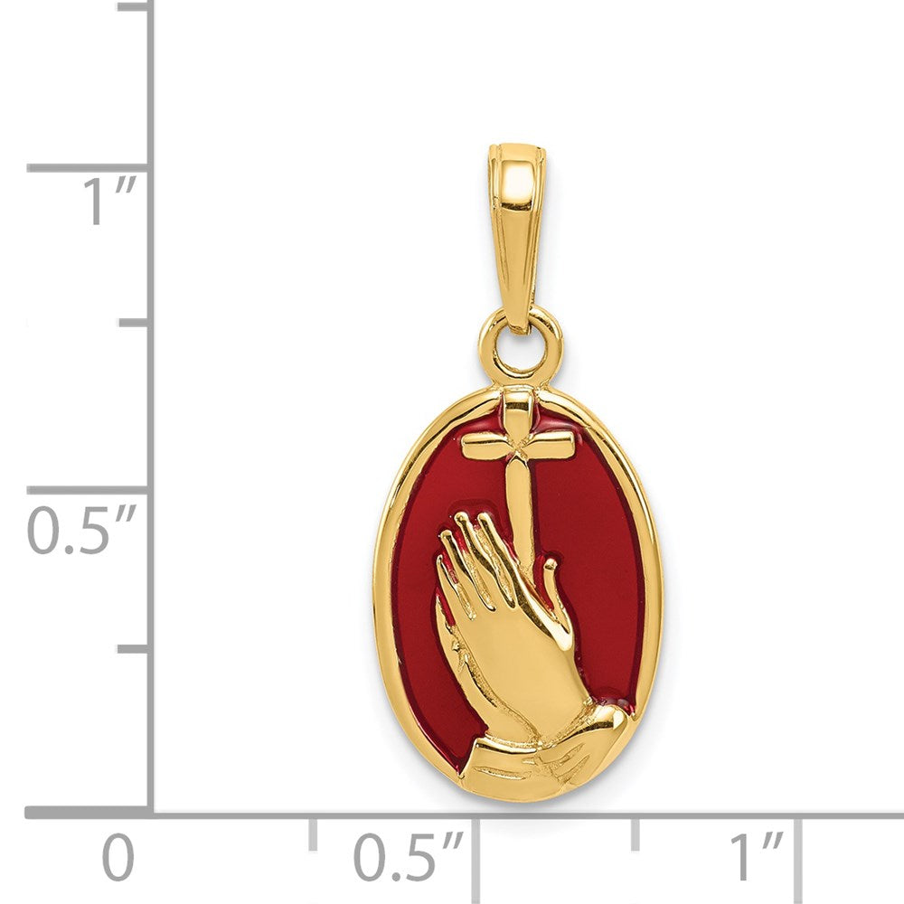 14K Red Enamel Praying Hands and Cross Oval Pendant