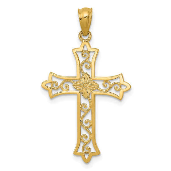 14k Diamond-cut Flower Center Scrolled Cross Pendant