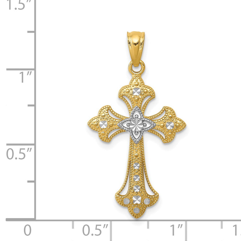 14K and White Rhodium Diamond-Cut Fleur de Lis Cross Pendant
