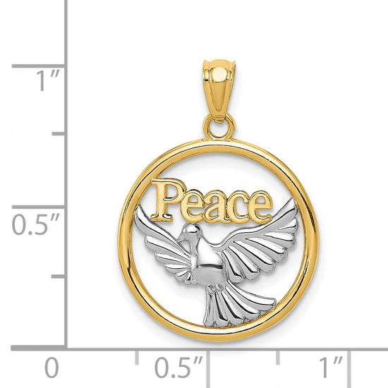 14K and White Rhodium Polished PEACE Dove Circle Pendant