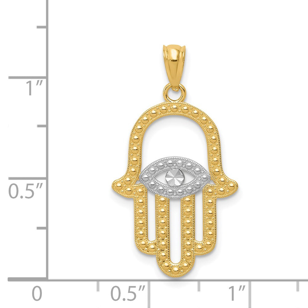 14K and White Rhodium Textured Hamsa and Evil Eye Pendant