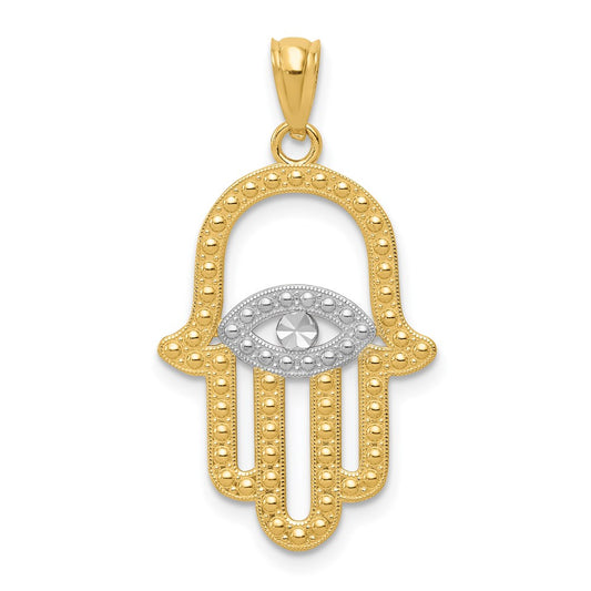 14K and White Rhodium Textured Hamsa and Evil Eye Pendant