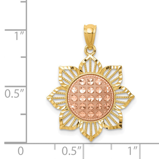 14K Two-Tone Diamond-cut Sunflower Pendant