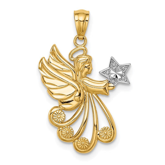 14K and White Rhodium Diamond-cut Angel with a Star Charm