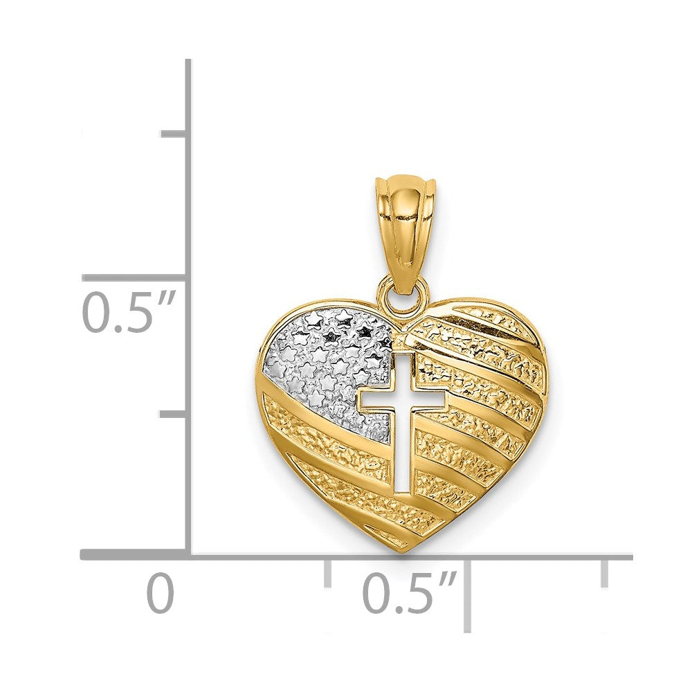14K with White Rhodium US Flag With Cross Heart Pendant