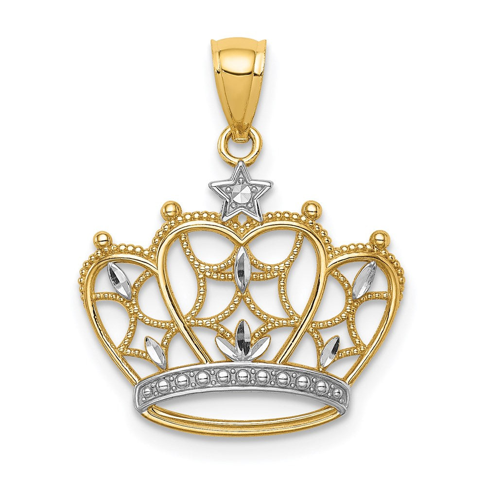 14K and White Rhodium Diamond-cut Filigree Crown Pendant