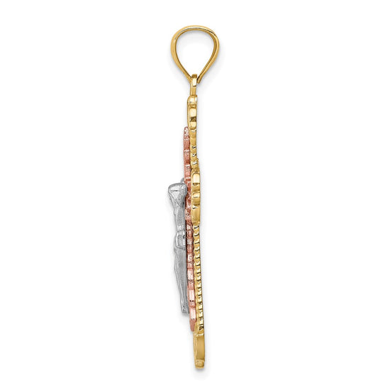14K Tri-Color and White Rhodium Diamond-cut Crucifix Pendant