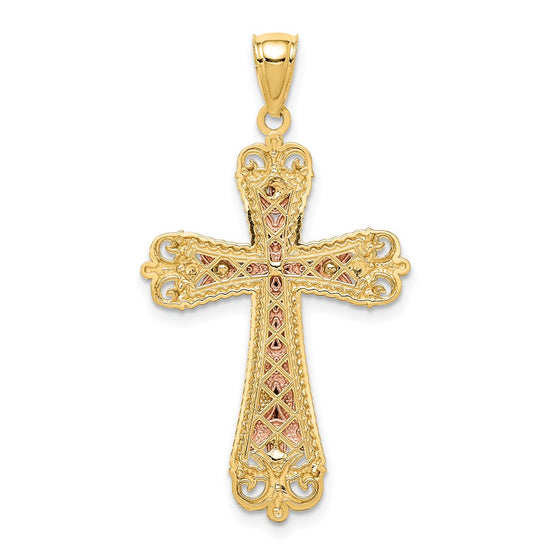 14K Tri-Color and White Rhodium Diamond-cut Crucifix Pendant