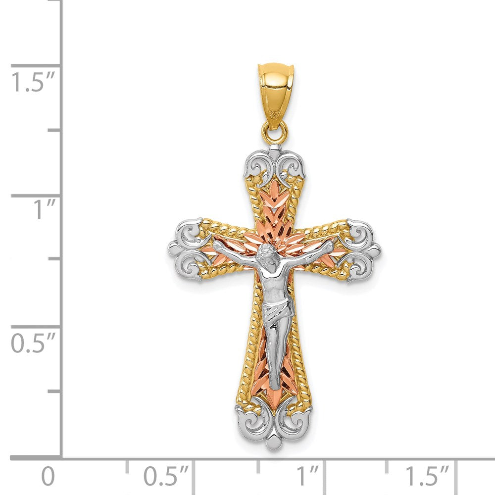 14K Tri-Color and White Rhodium Diamond-cut Crucifix Pendant