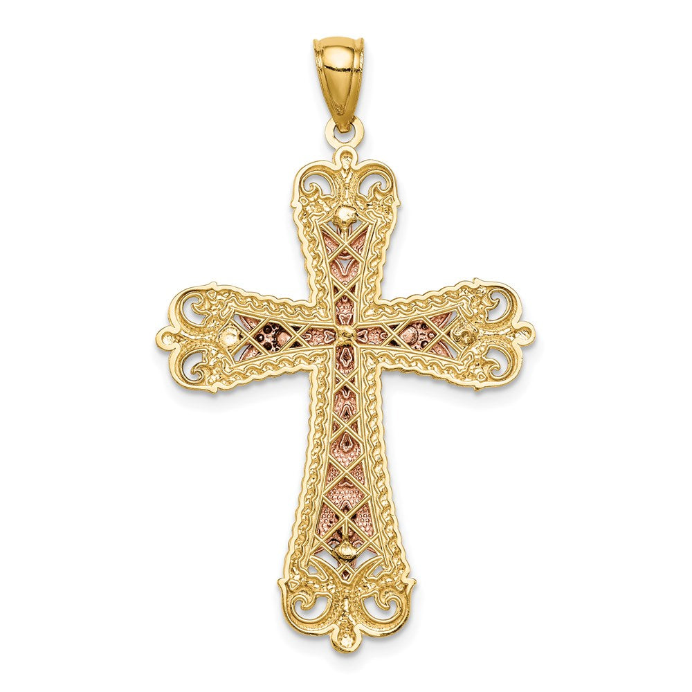 14K Tri-Color and White Rhodium Diamond-cut Crucifix Pendant
