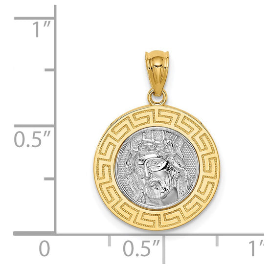14K and White Rhodium with Greek Key Edge Jesus Medal