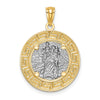 14K and White Rhodium Solid St. Christopher Medal Greek Key Edge Round Pendant