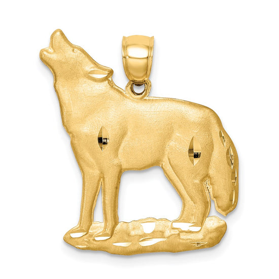 14K Brushed Diamond-cut Howling Wolf Pendant