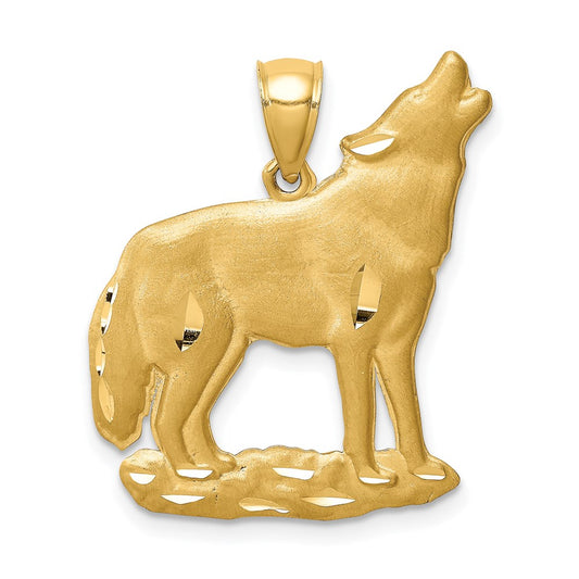 14K Brushed Diamond-cut Howling Wolf Pendant