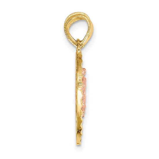 14K Two-tone Reversible Spanish Solid Our Lady of Guadalupe and Crucifix TE AMO Break-apart Heart Pendant