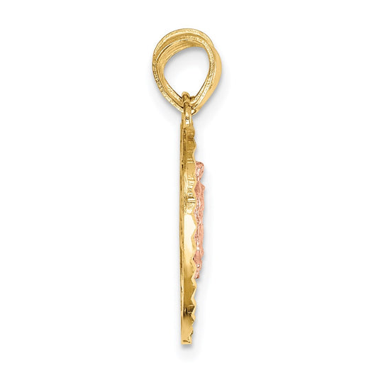 14K Two-tone Reversible Spanish Solid Our Lady of Guadalupe and Crucifix TE AMO Break-apart Heart Pendant