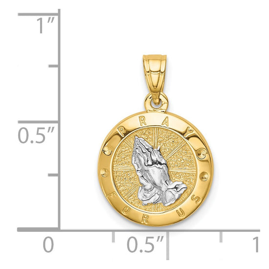 14K and White Rhodium Praying Hands Round Pendant