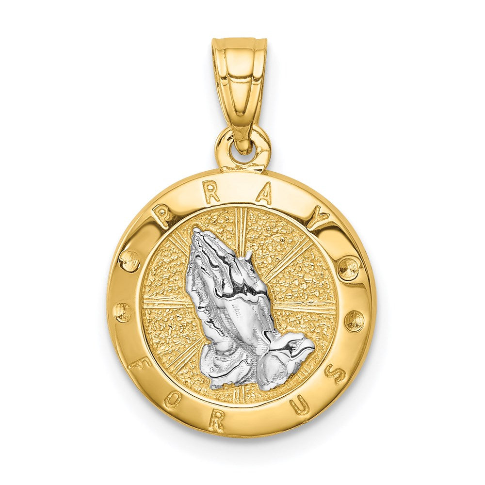 14K and White Rhodium Praying Hands Round Pendant