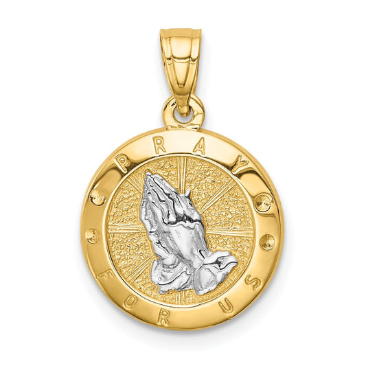 14K and White Rhodium Praying Hands Round Pendant