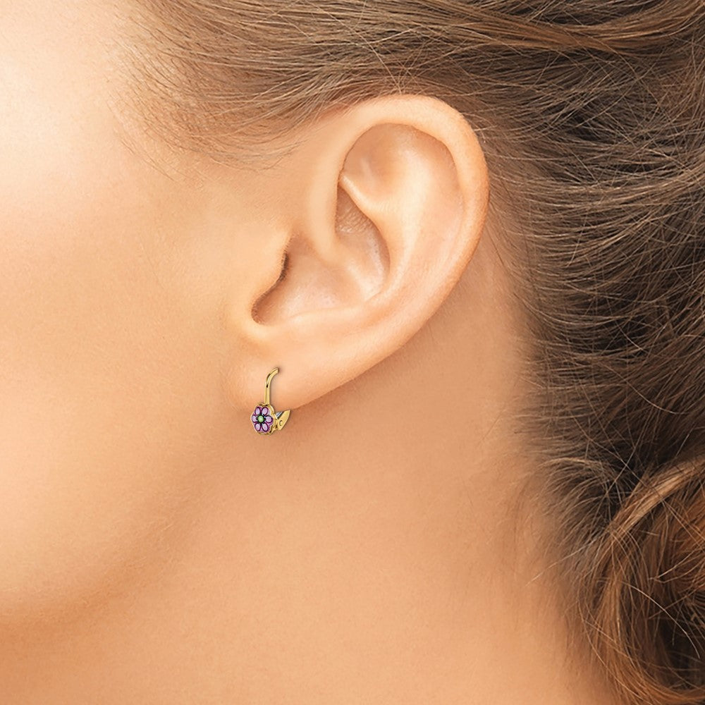 14K Enamel Flower Childrens Leverback Earrings
