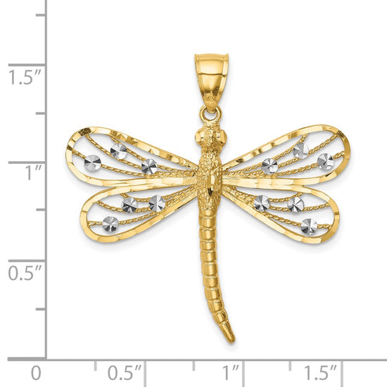14K and White Rhodium Diamond-cut Dragonfly Pendant
