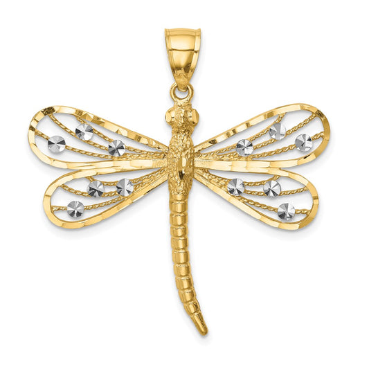 14K and White Rhodium Diamond-cut Dragonfly Pendant