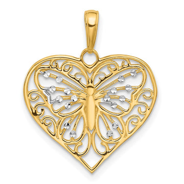 14K and White Rhodium Diamond-cut Butterfly Heart Pendant