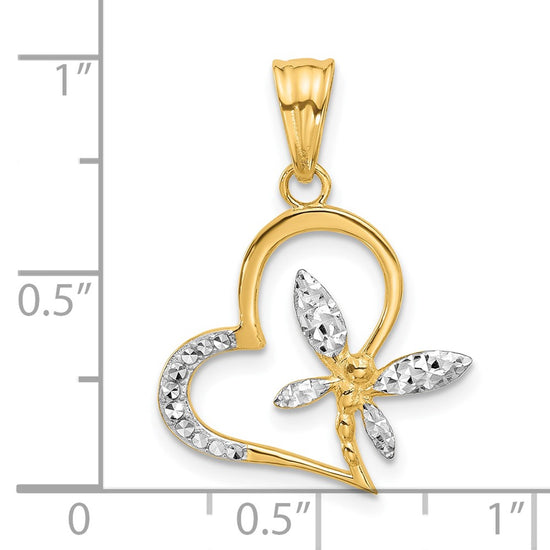 14K and White Rhodium Diamond-cut Dragonfly on Heart Pendant