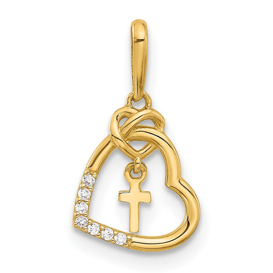 14k Polished CZ Heart with Cross Dangle Pendant