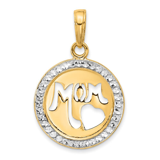 14K and White Rhodium Diamond-cut MOM Cut-out Heart Pendant