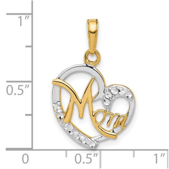 14k and White Rhodium Diamond-cut MOM Heart Pendant