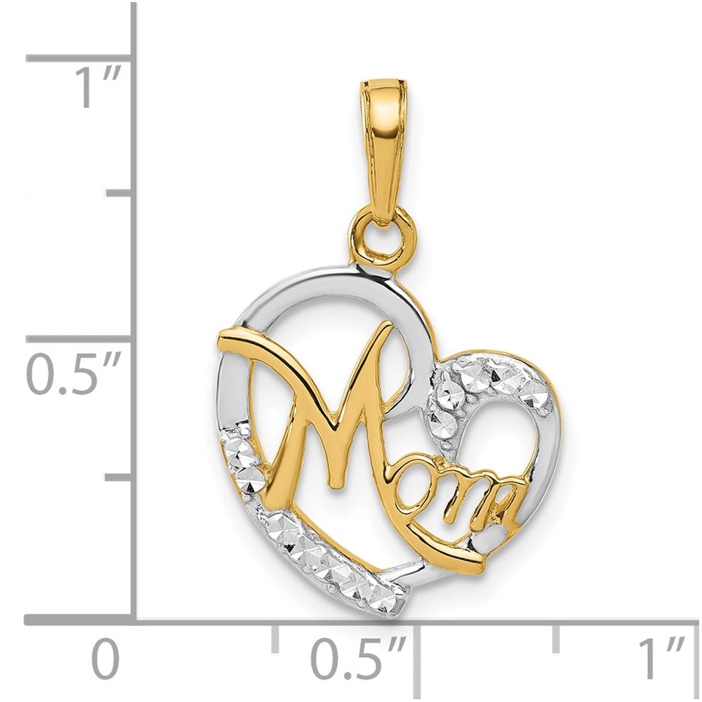 14k and White Rhodium Diamond-cut MOM Heart Pendant