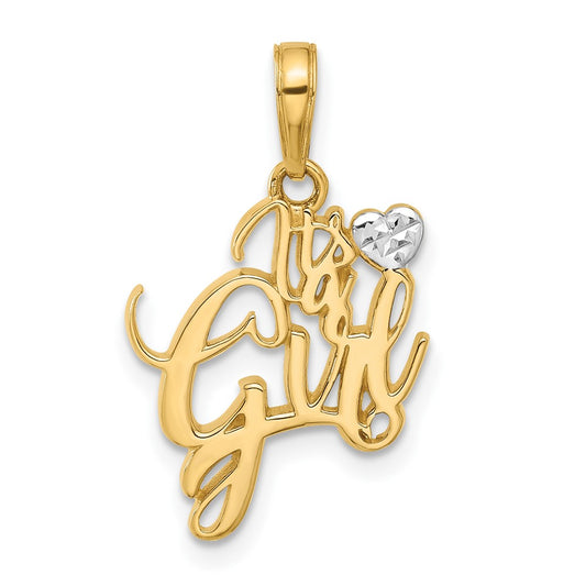 14k and White Rhodium Diamond-cut Heart IT'S A GIRL Pendant