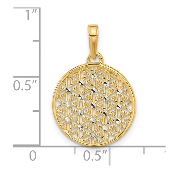 14K and White Rhodium Polished and Diamond-cut Flower Circle Pendant