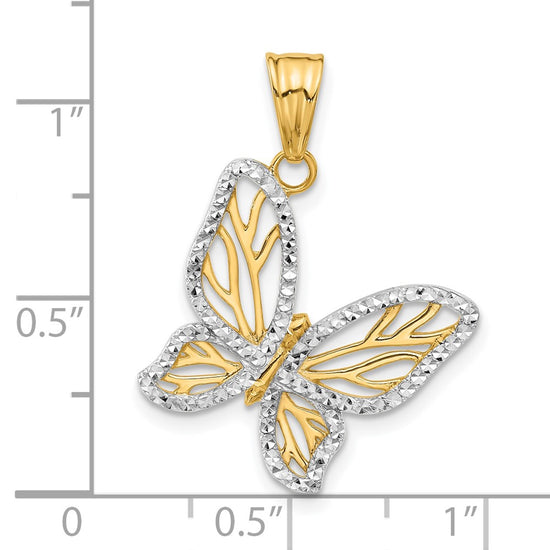 14K and White Rhodium Diamond-cut Butterfly Pendant