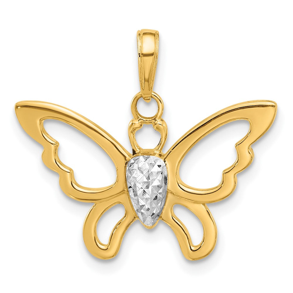 14K and White Rhodium Polished and Diamond-cut Butterfly Pendant