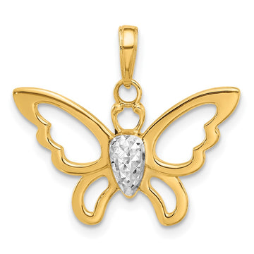 14K and White Rhodium Polished and Diamond-cut Butterfly Pendant