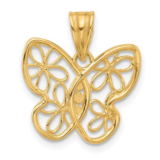 14K and White Rhodium Polished and Diamond-cut Flower Butterfly Pendant