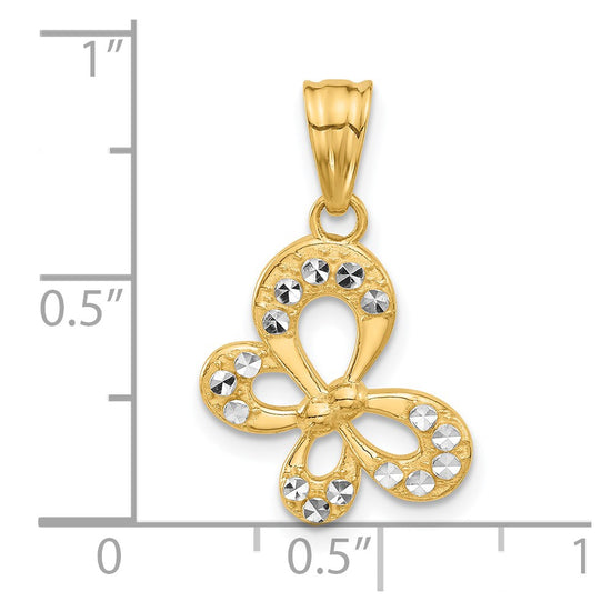 14K and White Rhodium Polished and Diamond-cut Butterfly Pendant