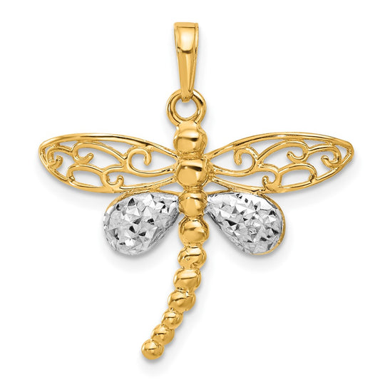 14k and White Rhodium Polished and Diamond-cut Dragonfly Pendant