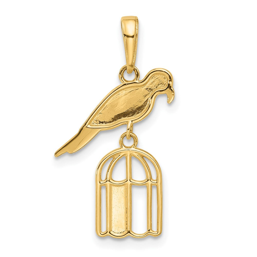 14K and White Rhodium Diamond-cut Bird on Bird Cage Pendant