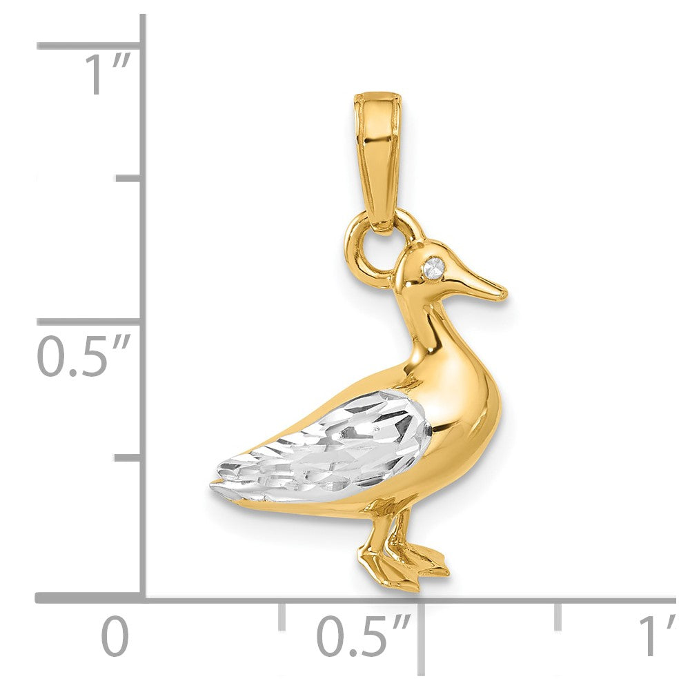 14K and White Rhodium Diamond-cut 3-D Duck Pendant