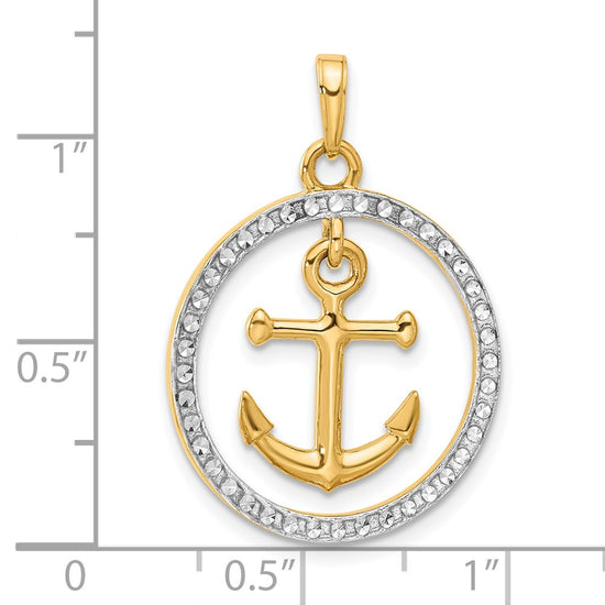 14k and White Rhodium Diamond-cut Anchor Dangle in Circle Pendant