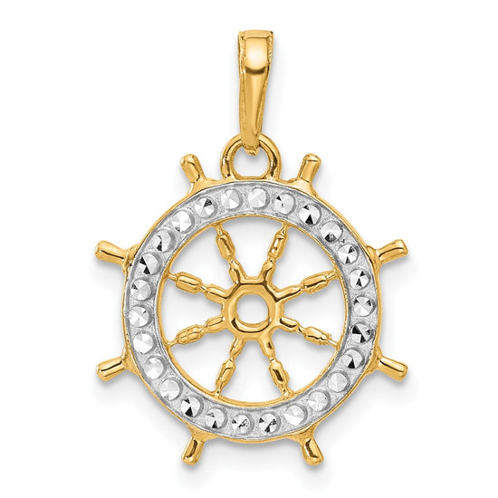 14k and White Rhodium Diamond-cut Ship's Wheel Pendant