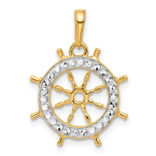 14k and White Rhodium Diamond-cut Ship's Wheel Pendant