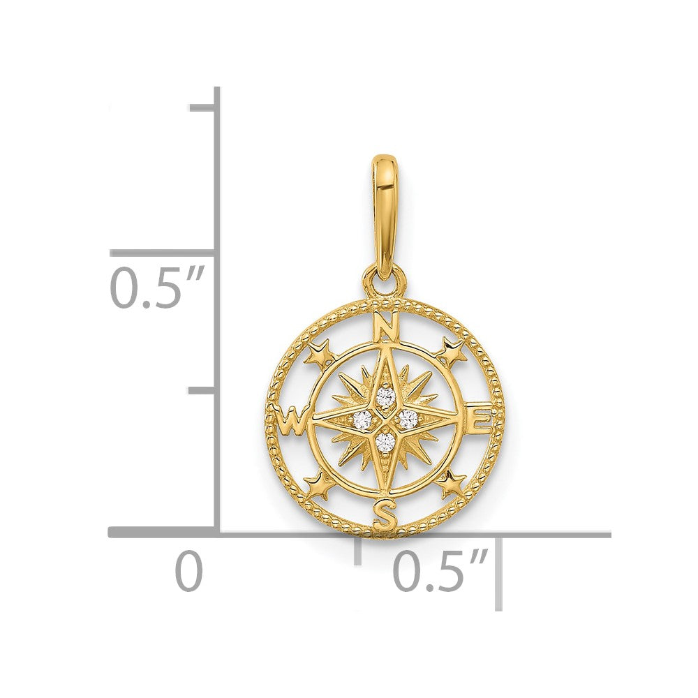 14k Polished CZ Compass Pendant