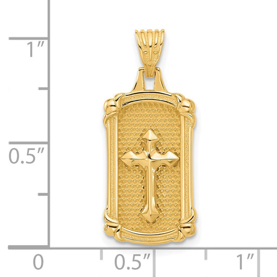 14K Polished and Textured Dog Tag Cross Pendant