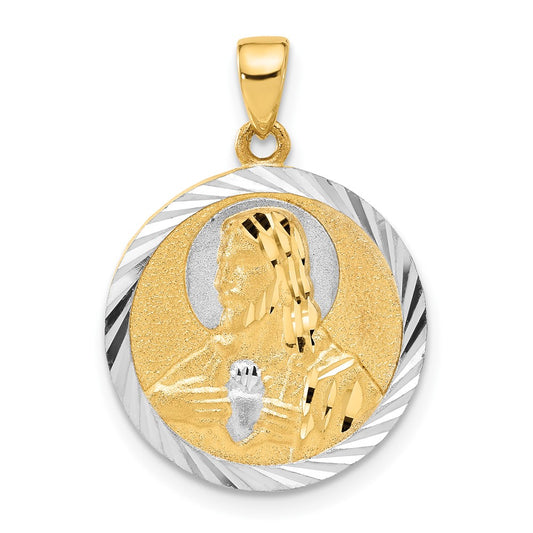 14K with White Rhodium Satin and D/C Reversible Mary / Jesus Pendant