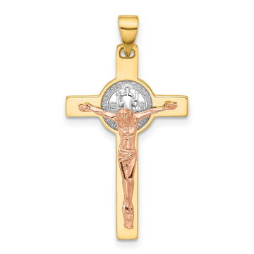 14K Two-tone with White Rhodium Crucifix and St Benedict Pendant